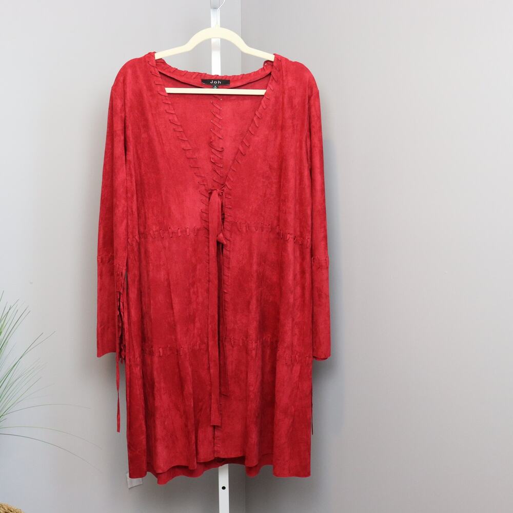 Joh Red Faux Suede Duster Jacket Boho Open Front‎ Tie Size M